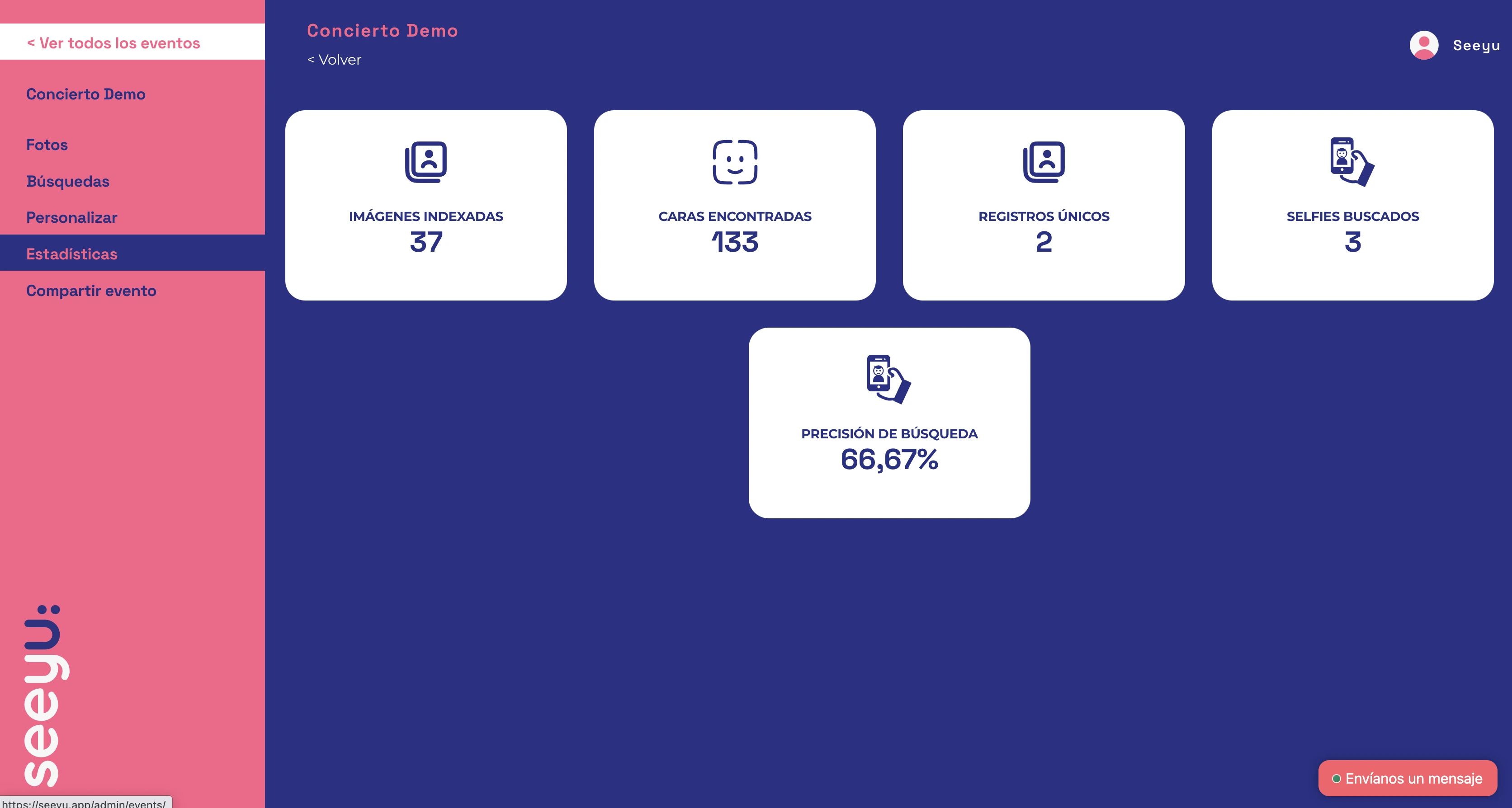 Dashboard analítico con métricas de precisión del reconocimiento facial y engagement de usuarios en eventos